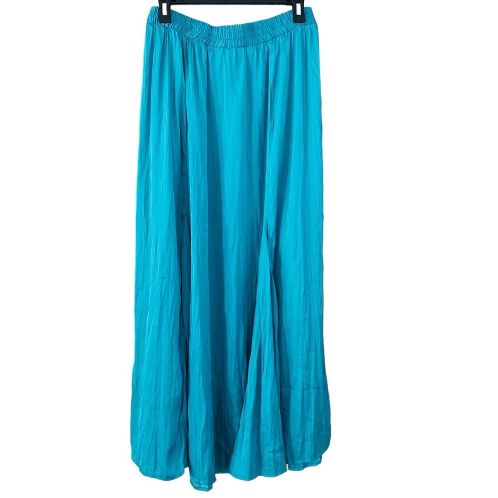 Chico’s NWT Dark Aqua Solid Satin Stretch Waist Flowy Maxi Skirt Size 6 - Picture 4 of 7